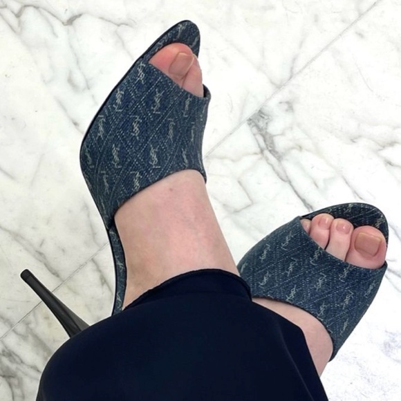 Saint Laurent Denim Open-Toe Heels - Picture 7 of 7